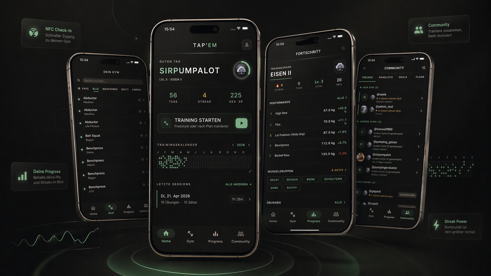Tap'em App – Home, Progress und Community